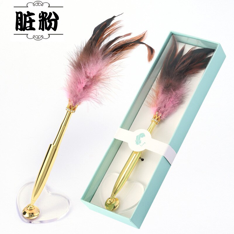 Pen Feather Quill Pen Ballpoint Pen Student Desk Pen With Pen Holder: Pink