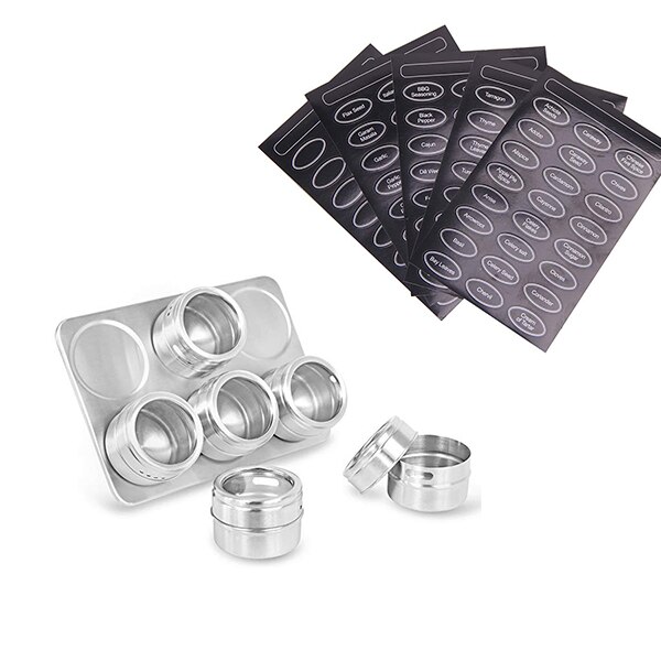 6/9/12 Pieces Magnetic Spice Jars Stainless Steel Salt Tins Pepper Shakers Spice Jar Rack Organizers Container With Base Labels: 6pcs