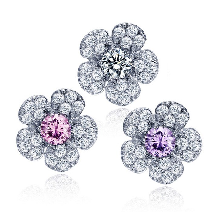 Huitan-pendientes de planta romántica para niña, con forma de flor pequeña Simple con forma de flor, aretes de tuerca de circón cúbico blanco rosa claro