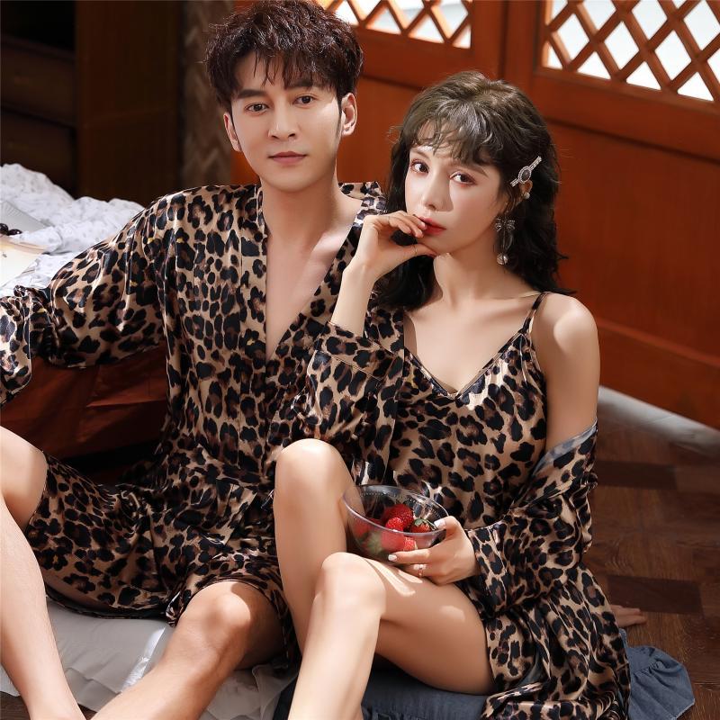 Menn leopard silke sateng robes pyjamas langermet hotell nattøy kimono mannlig badekåpe hjem ferie menn loungewear morgenkåpe