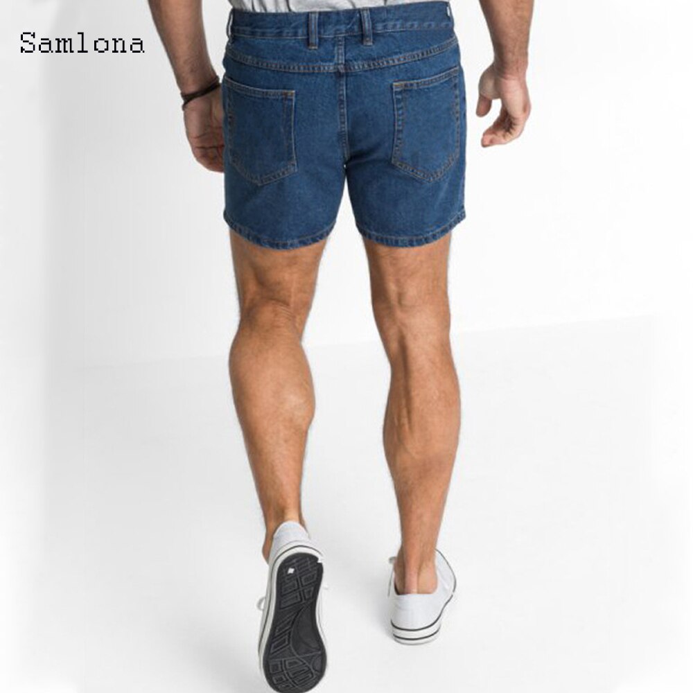 Samlona sommer western shorts jeans mænd lige casual trend all-match klassiske simple denim shorts herre uden bælte: Blå / S
