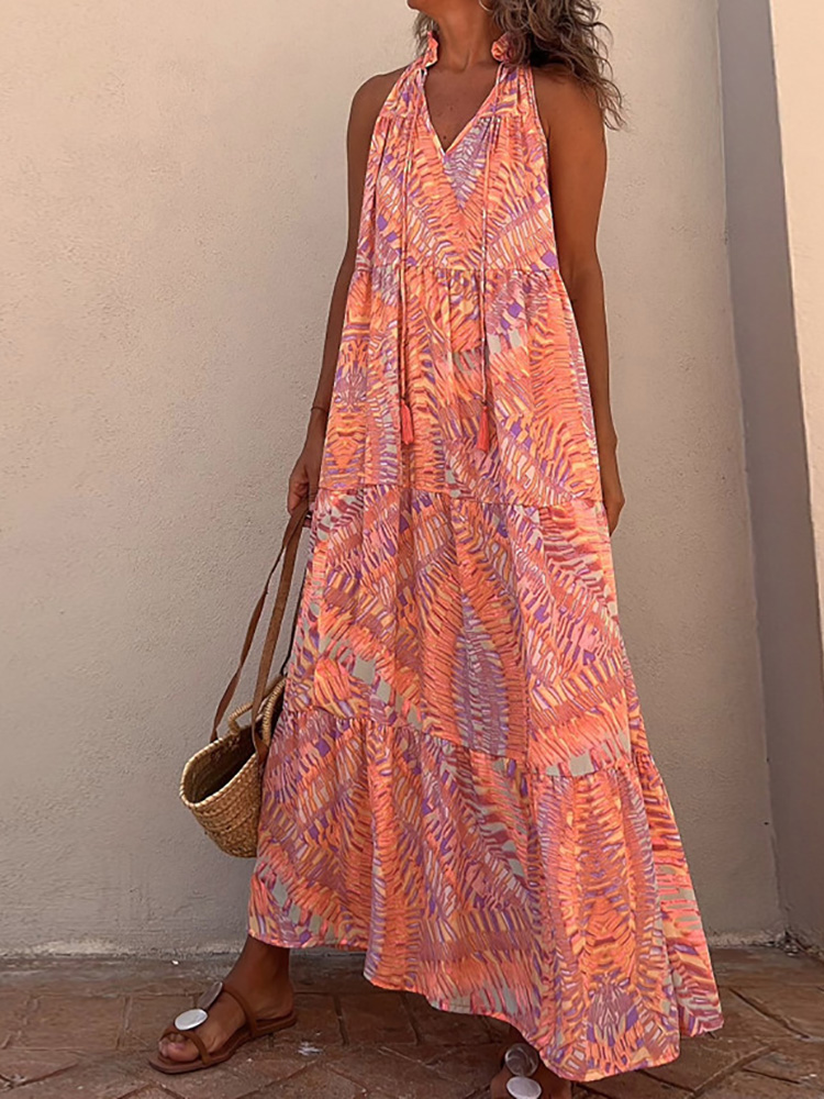 Kvinders løs off-shoulder boheme maxikjole festklub femme halterneck chic rygløs kjole strandstil løse print kjoler vestido