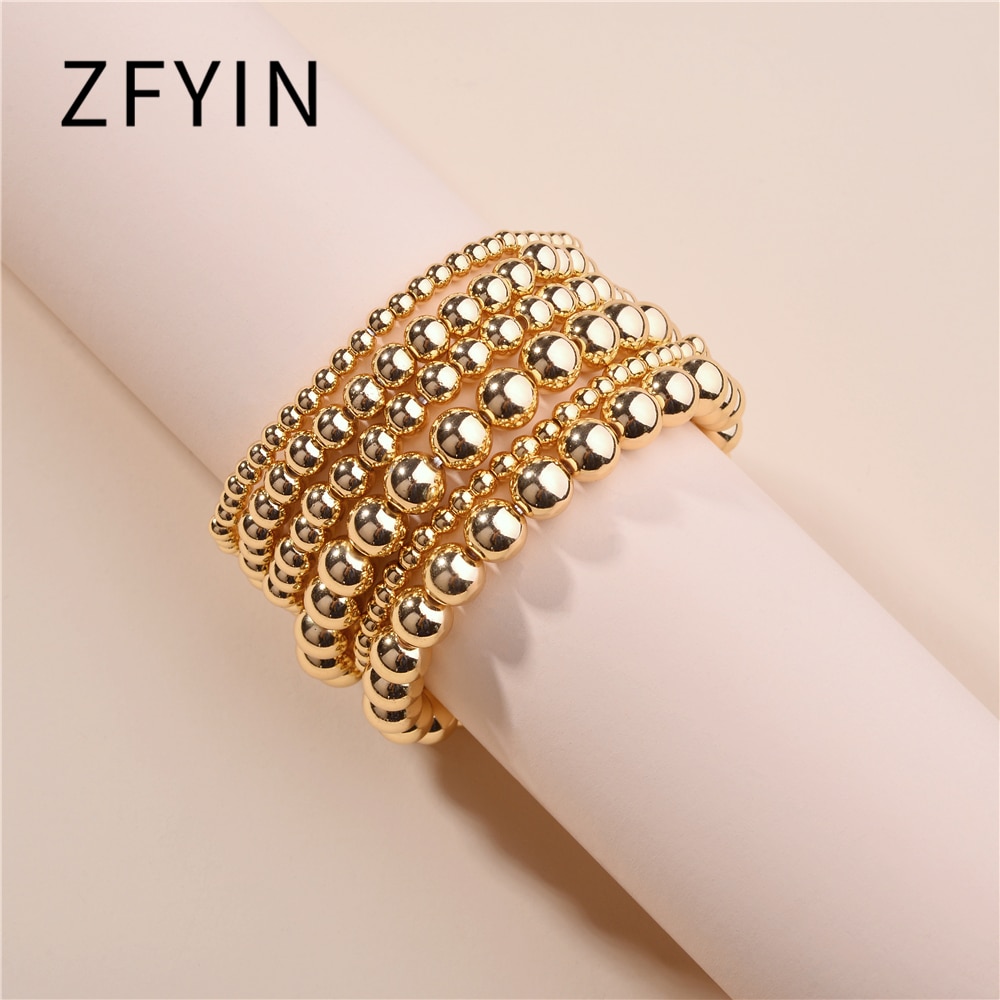 ZFYIN Multi Layering 4mm,6mm,8mm,Stacked Gold Ball Beaded Strand Bracelets Set for Women