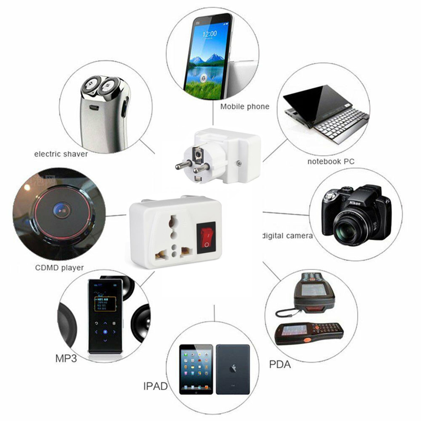 White Portable Universal Wall socket EU US UK extension socket 250V 6A 10A 125V power converter plug Adapter with on off switch