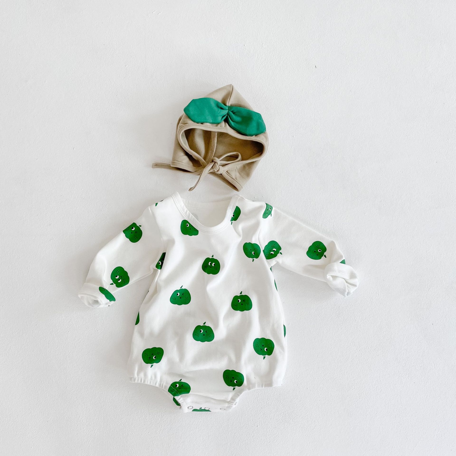 Herfst Baby Meisje Bodysuits Jongens En Meisjes Fruit Gedrukt Een Stuk Pak Bodysuit Kruipen Kleding Hoed Baby Meisje kleding: green / 9m