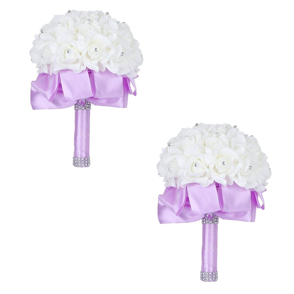 Handmade Beautifu Lilac Bridal Bridesmaid Flower Wedding Bouquet Artificial Rose Ribbon Crystal Bouquets de noiva: 2 Lilac