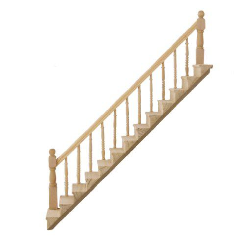 Kuulee 1:12 Dollhouse Pre-Assembled Staircase Wooden Stair Stringer Step with Left Handrail