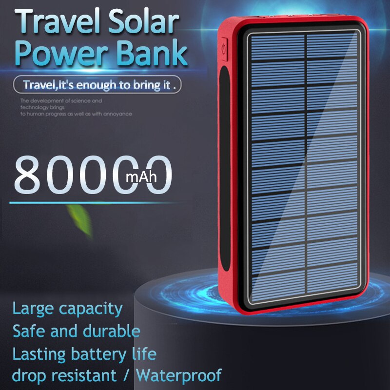 80000Mah Solar Portable Power Bank Reizen Telefoon Oplader 4 Usb Externe Batterij Led Verlichting Poverbank Voor Samsung Iphone Xiaomi