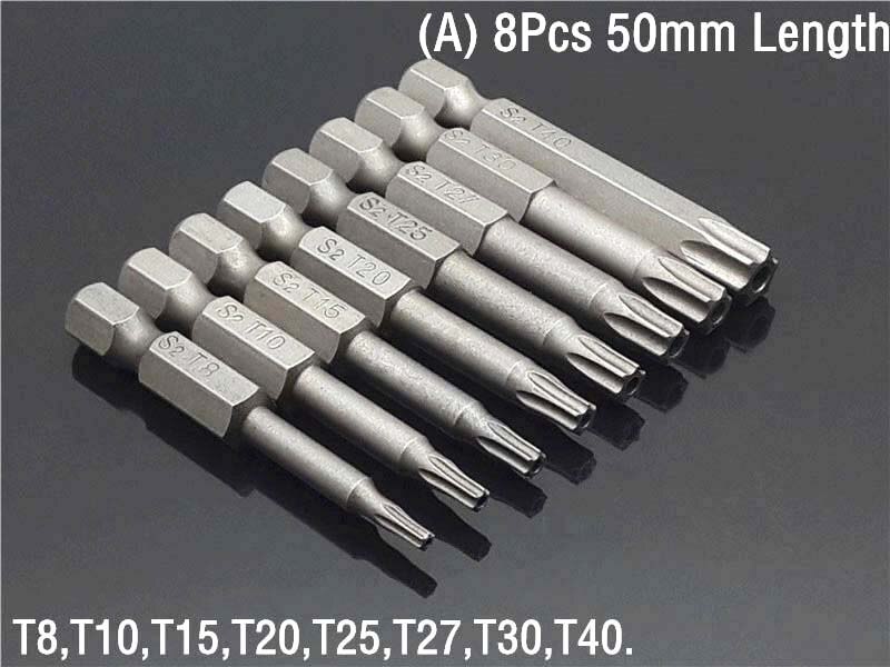 50/75/100/150MM Set Security Tamper Proof Magnetic Screwdriver Drill Bit Screw Driver Bits Hex Torx Flat Head 1/4" Hand Tools: (A)8Pcs 50mm Length