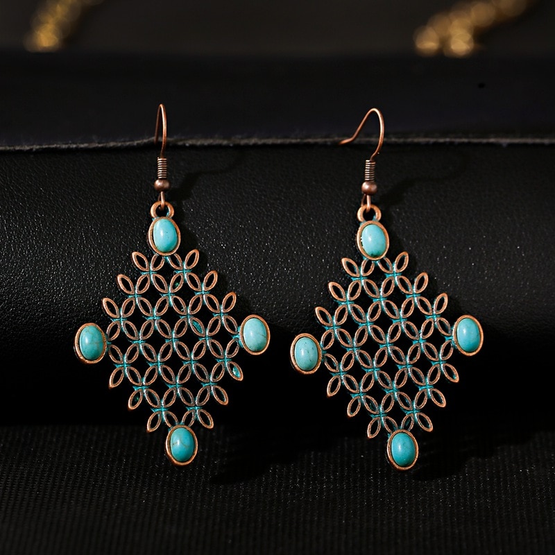 Vintage Retro Rhombus Grid Hollow Geometry Earrings Womens Boho Bohemian Earrings Tibetan Jewelry