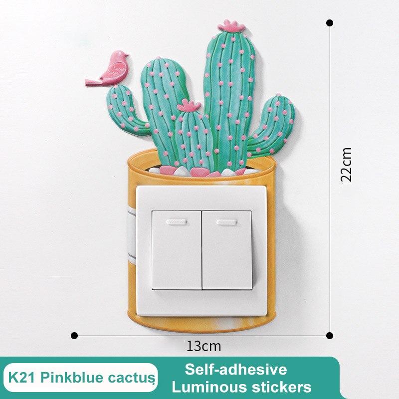 Vandtæt fluorescerende glødkaktus vægindretning klistermærke lysende pu switch beskyttende dækning børneværelse soveværelse indretning: K21 lyserødblå kaktus