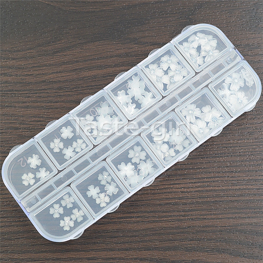 1 ask vit blomma 3d nageldekorationer berlocker naglar glitter strass nageltillbehör verktyg smycken