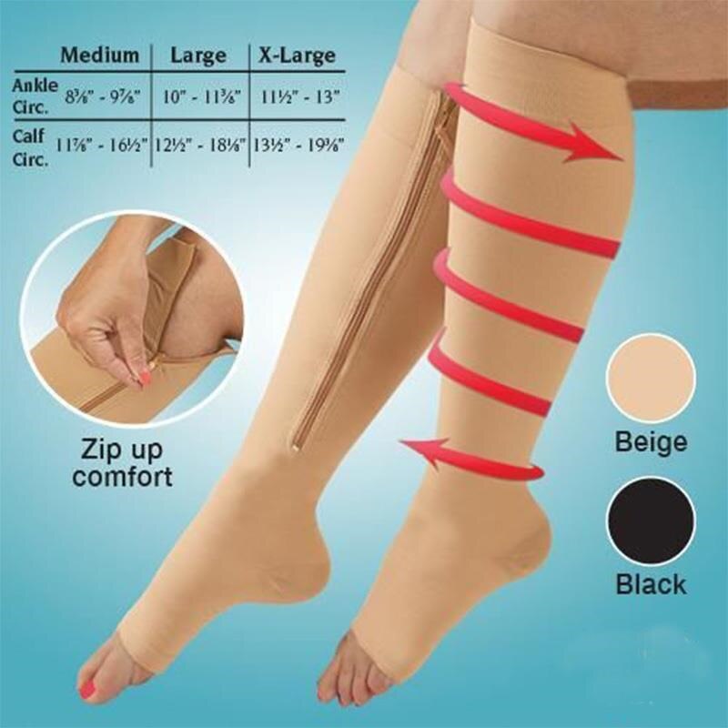 1Pair Unisex Women Men Zipper Compression Socks Foot Pain Relief Comfortable Soft Knee High Magic Varicose Veins Open Toe Socks