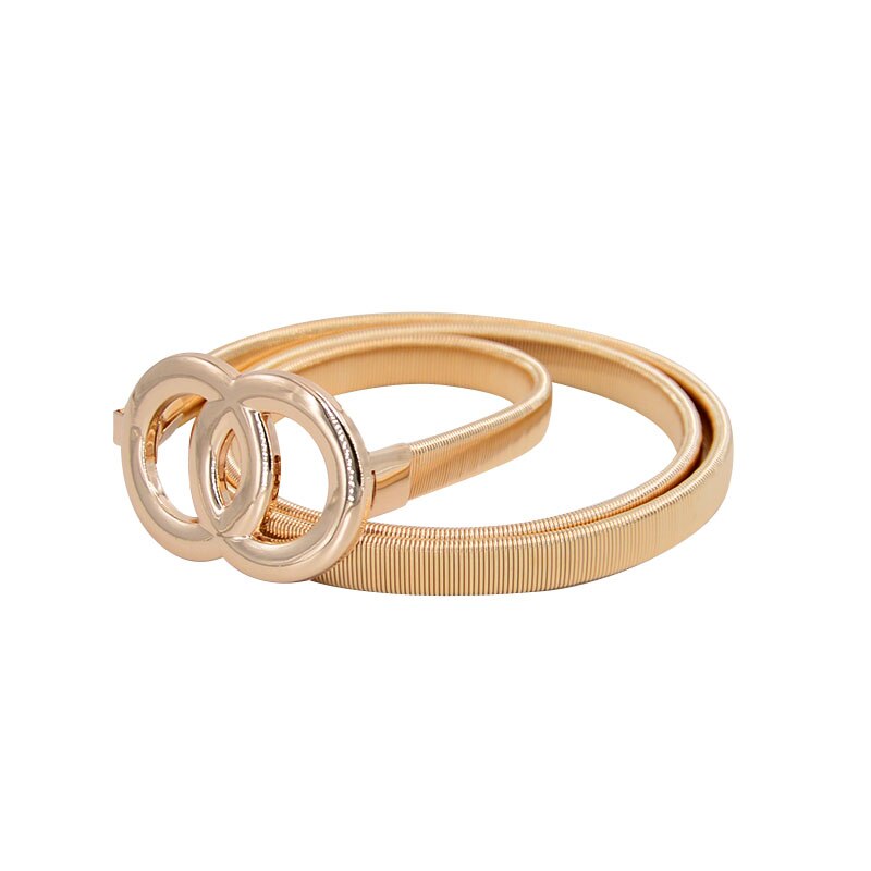 Cinturón con cadena y anillos dobles para mujer, cinturón elástico de plata y oro, cinturón de Metal fino para vestido de mujer