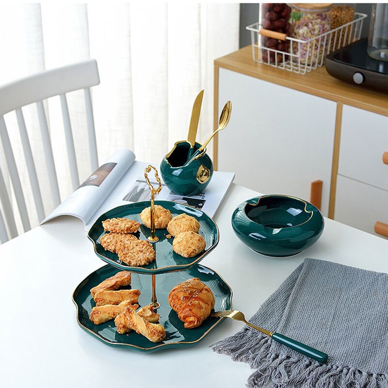 Green Kitchen Tableware Ceramic Dinner Set Flower Shape Sauce Dish Rice Salad Bowl Cake Dessert Plate