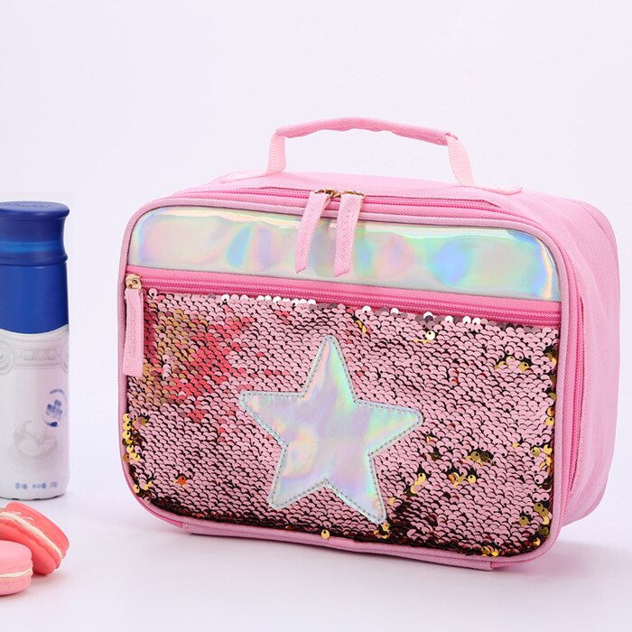 Mode Waterdichte Reverse Sequin Geïsoleerde Kinderen Meisjes Jongen Lunchbox Glitter Draagtas Koeler Picknick Zakje Voor Voedsel: Roze