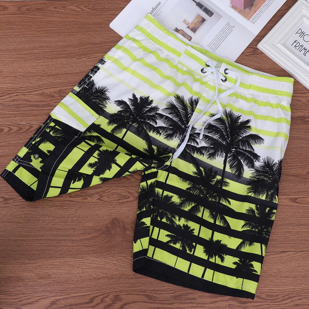 Men Fast Dry Beach Shorts Palm Tree Casual Surfing Swimming Trunks with Pockets - Size (Yellow): Yellow / XL