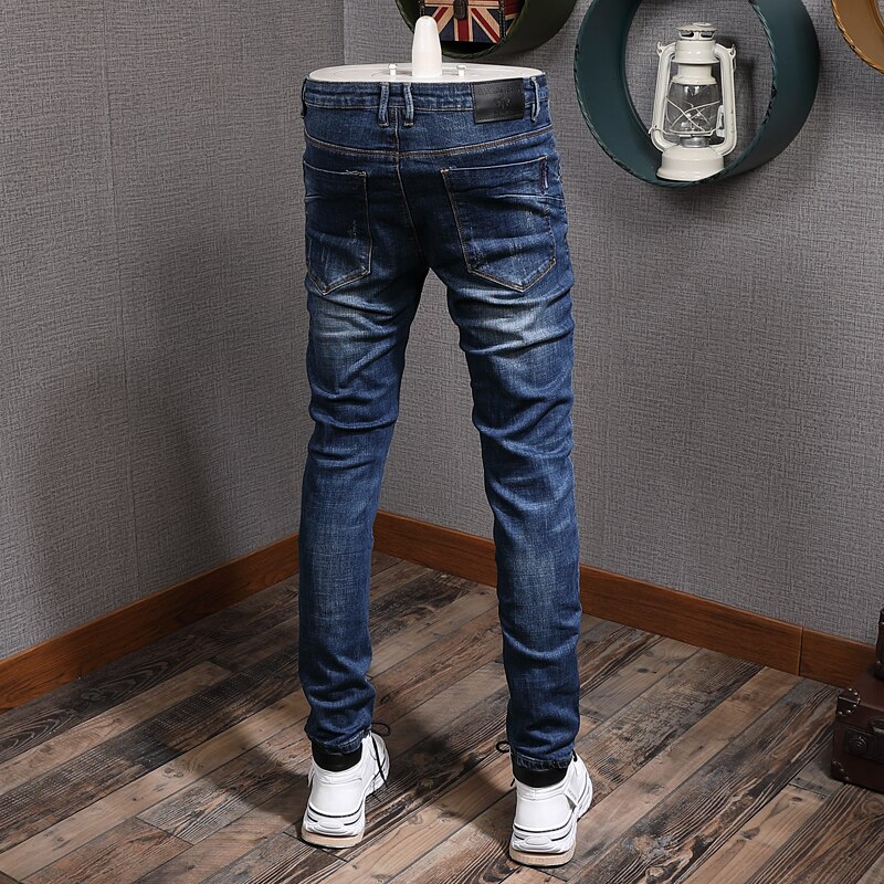 Jean Streetwear pour hommes, pantalon crayon, élastique et déchiré, bleu foncé, Style coréen, Hip Hop