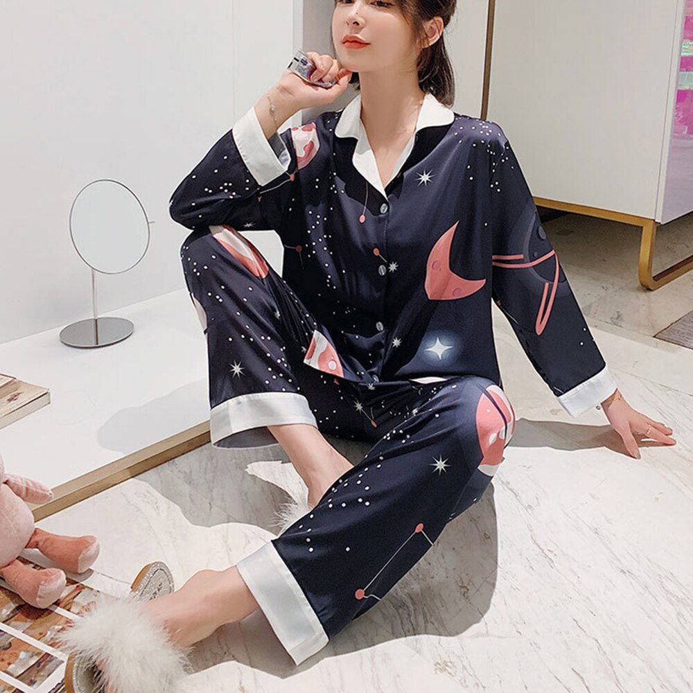 ChunShang Pajamas Women Summer Thin Ice And Snow Silk Long-Sleeved Two-Piece Letter Home Service Suit