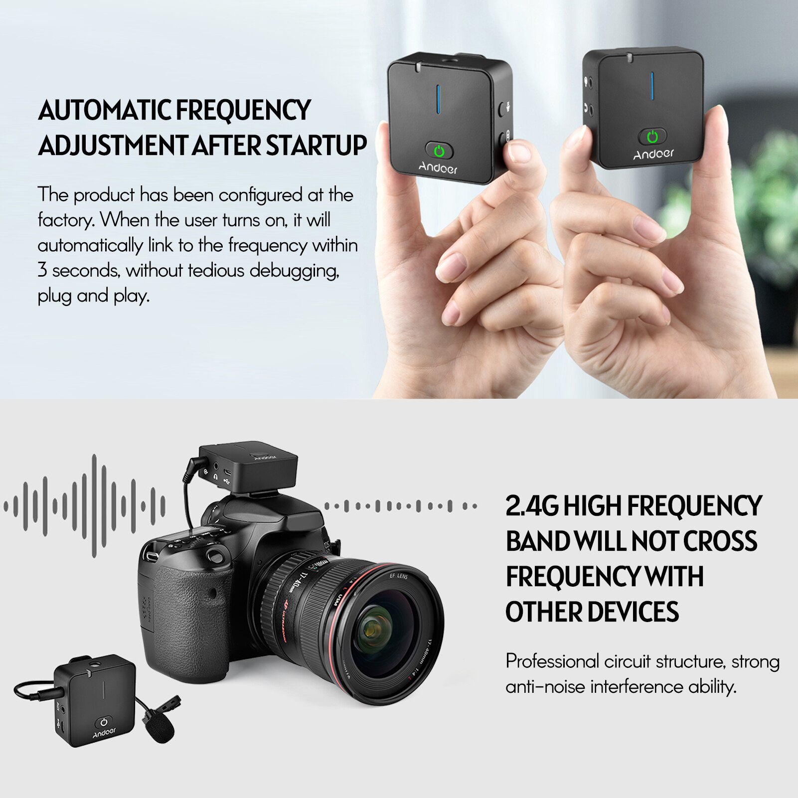 2.4G Wireless Recording mini Microphone System with Transmitter Mic 50M Effective Range Built-in Battery for phone DSLR Camera