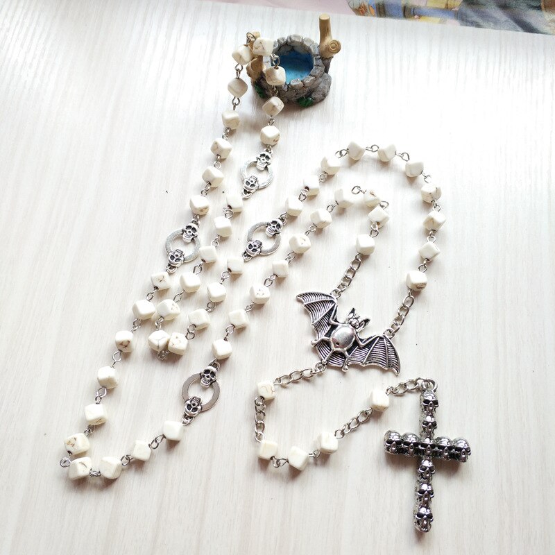 Qigo Mode Mannen Sieraden Vintage Bat Schedel Kruis Hanger Ketting Lange Kralen Strand Ketting