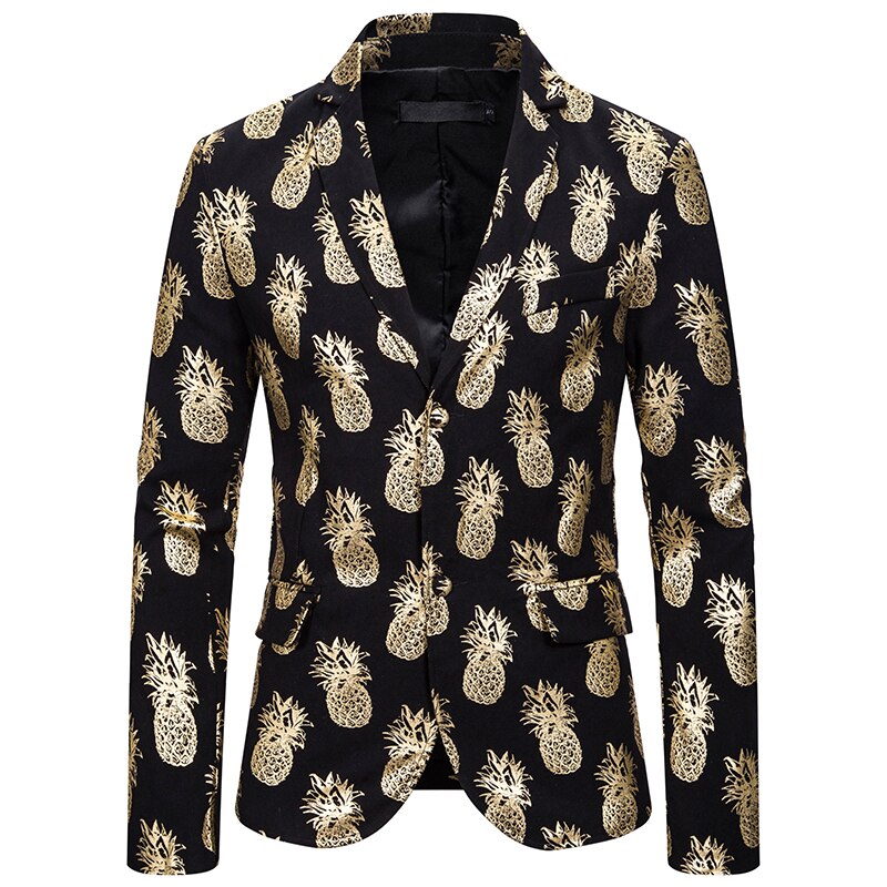 Mens Party Blazer Gouden Ananas Print Blazers Mens Slim Fit 2 Knop Pak Jas Mannelijke Bruiloft Prom Stage Kostuum homme: Gold / US Size XXL