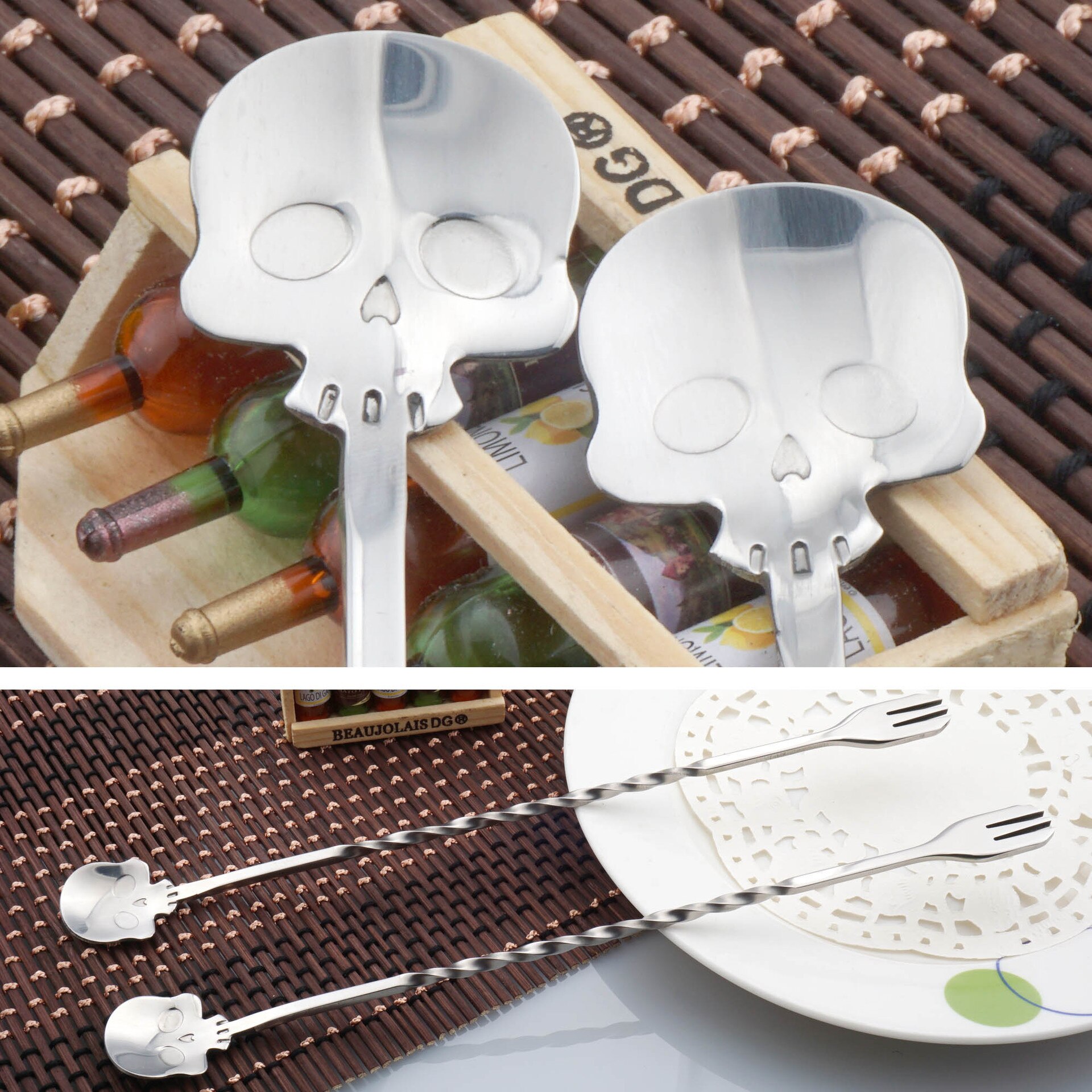 Stainless Steel Skull Bar Spoon Skeleton Shape Cocktail Mixing Spoon with Fork Cool Bar Tools Accessories