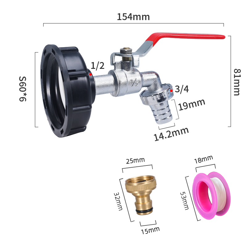 S60x6 Coarse Thread IBC Tank Tap Connecter x 1/2'' 3/4'' Water Coupling Adapter 1000L Garden Home Replacement Valve Fitting: Silver
