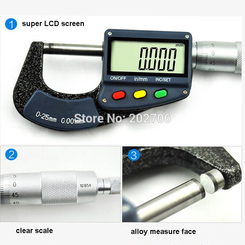 Micrómetro digital electrónico de 0-25mm, 0.001mm, pantalla Super LCD, medidor de espesor