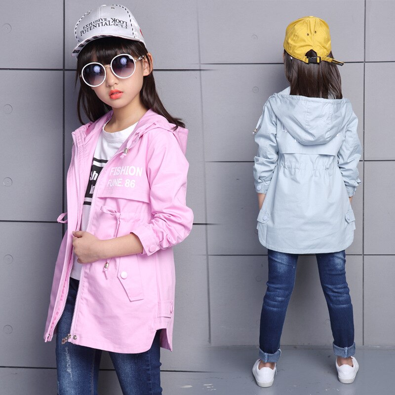 Teenager Spring Autumn Girls Trench Coat Hooded Jacket Long Cardigan Kids School Clothing Casual Outwear 3-14 Age