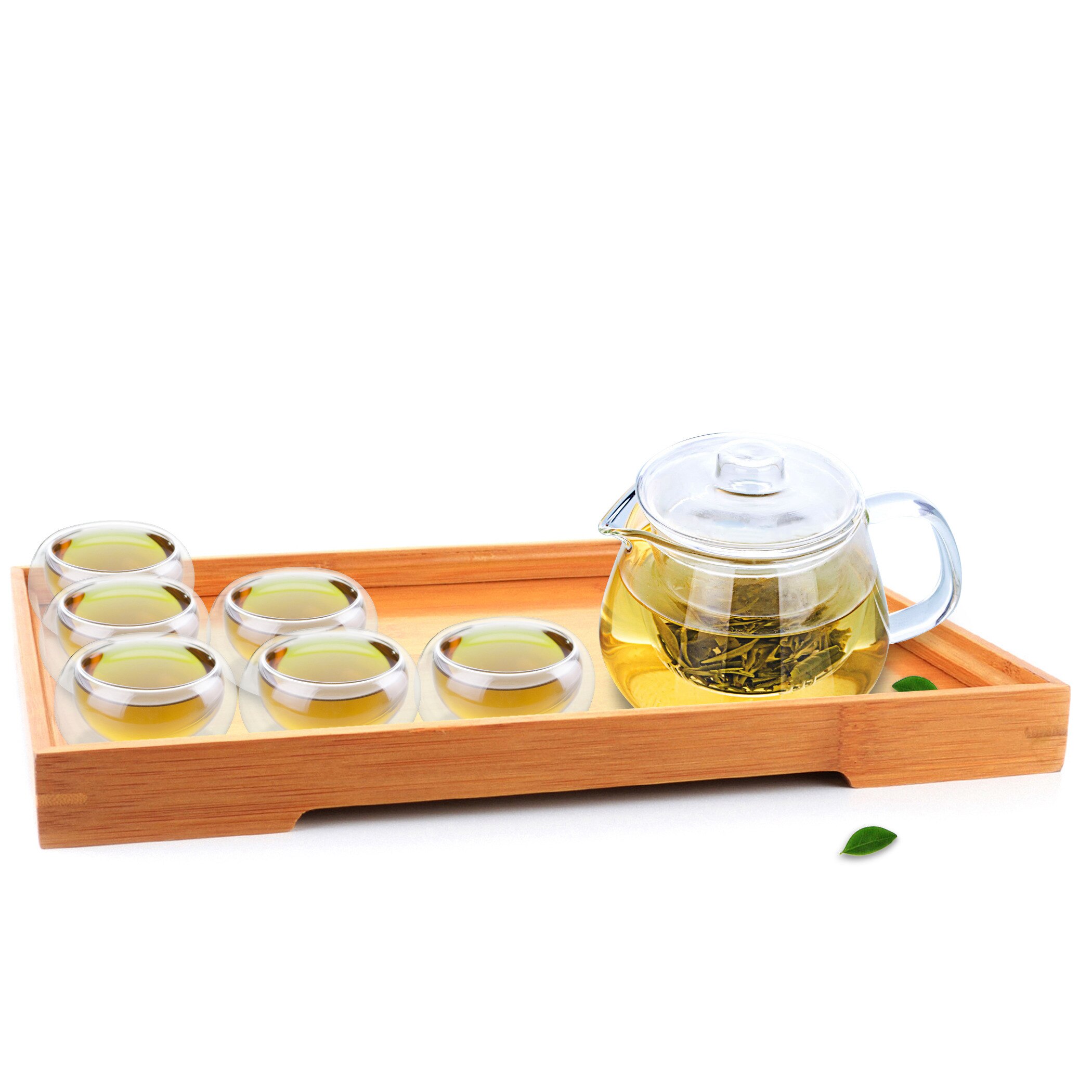 1x 8in1 Kung Fu Koffie Thee Set -485Ml Hittebestendige Glas Thee Pot + 6 Double Wall layer Thee Cups + Gong Fu Bamboe Lade