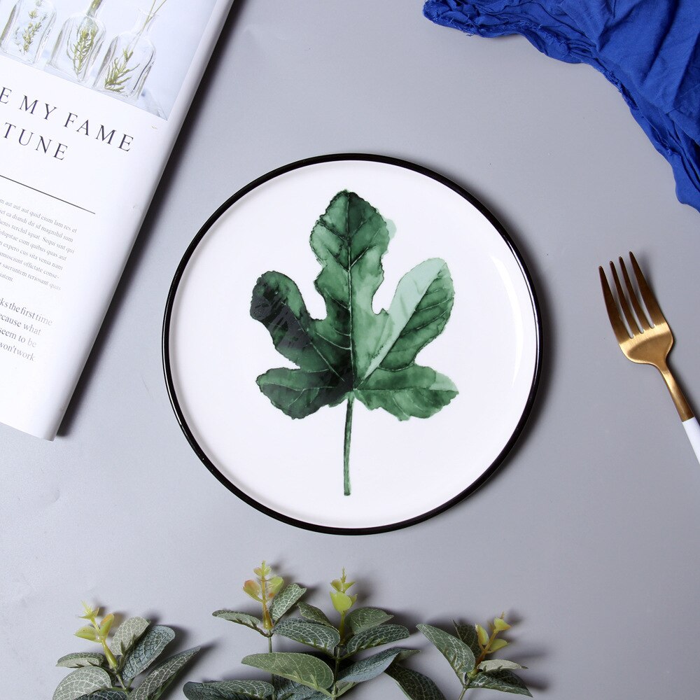 Vajilla de porcelana de 8 pulgadas con de plantas verdes, juego de cena, plato de postre de cerámica, plato de pastel, , 1 ud.: E