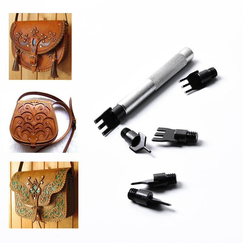 LMDZ Leather Flat Punch Tool Set Steel Handle Can Replacement Head Belt Hole Punching Leather Rope Weaving Chisel Craft Tool