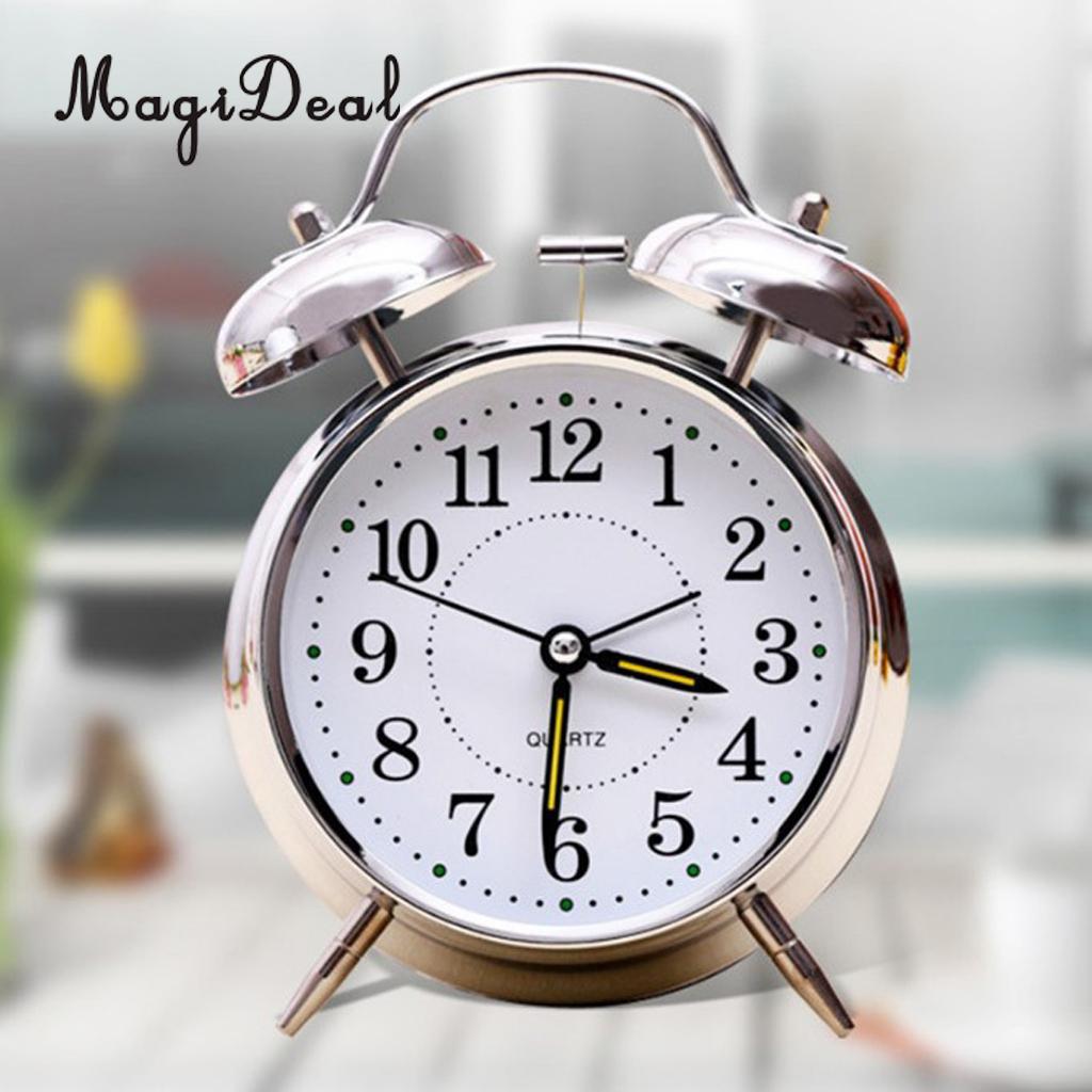 4'' Vintage Silent Alarm Clock Loud Twin Bell Mute Alarm Clock Quartz Analog Retro Bedside and Desk Clock with Nightlight