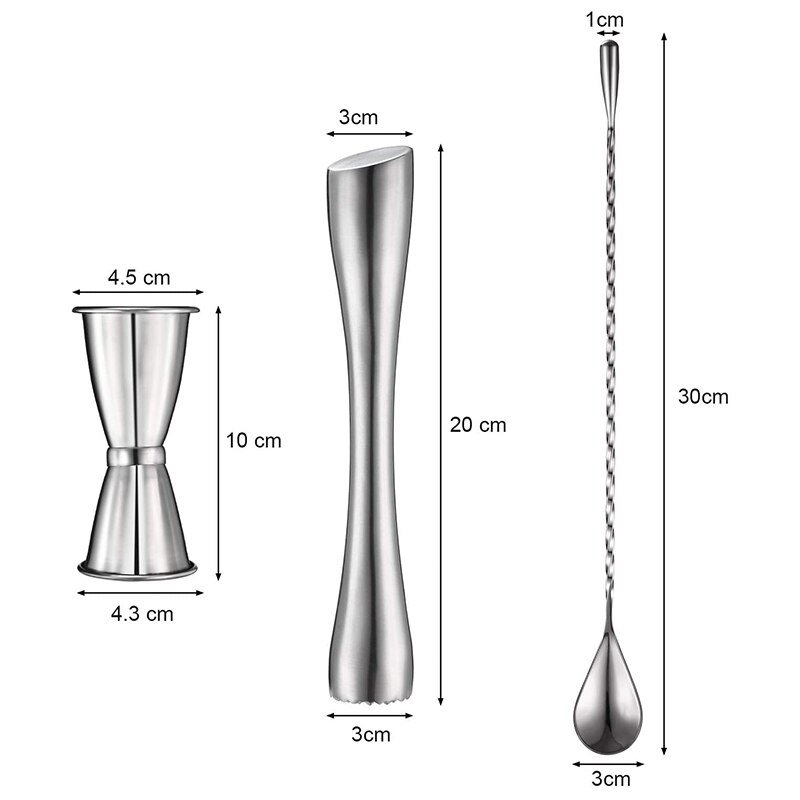 Cocktail shaker setti, ruostumattomasta teräksestä valmistettu cocktail-sekoitin, kaksoiscocktailjigger ja spiraalikuvioinen baaricocktail 3 kpl