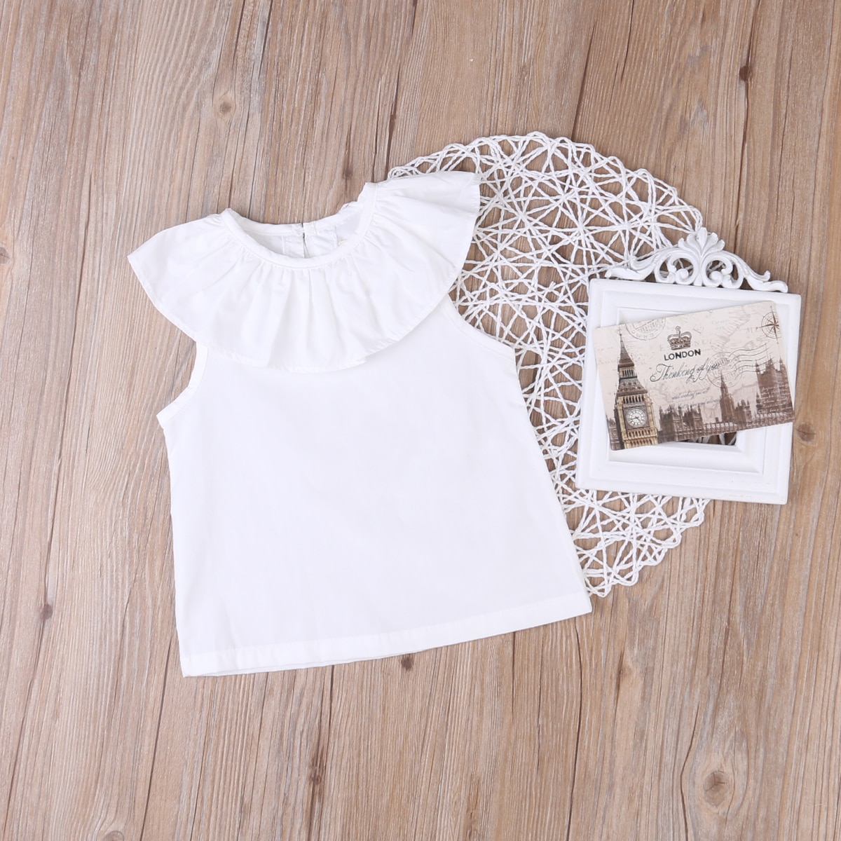 Vêtements bébé fille en coton blanc solide | Col ras du cou, décontracté, sans manches, à volants, chemise d'été, vêtements pour -né 0-24M