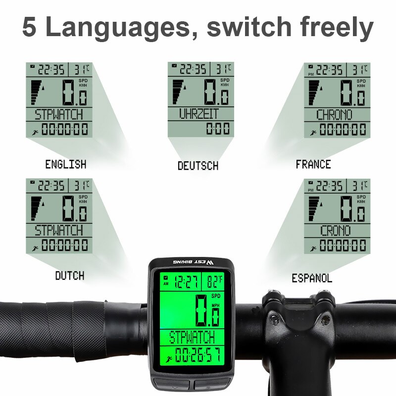 Wireless Bicycle Computer LED Backlight 5 Languages Bike Stopwatch Cycling Speedometer 2.36 inch Waterproof MTB Odometer