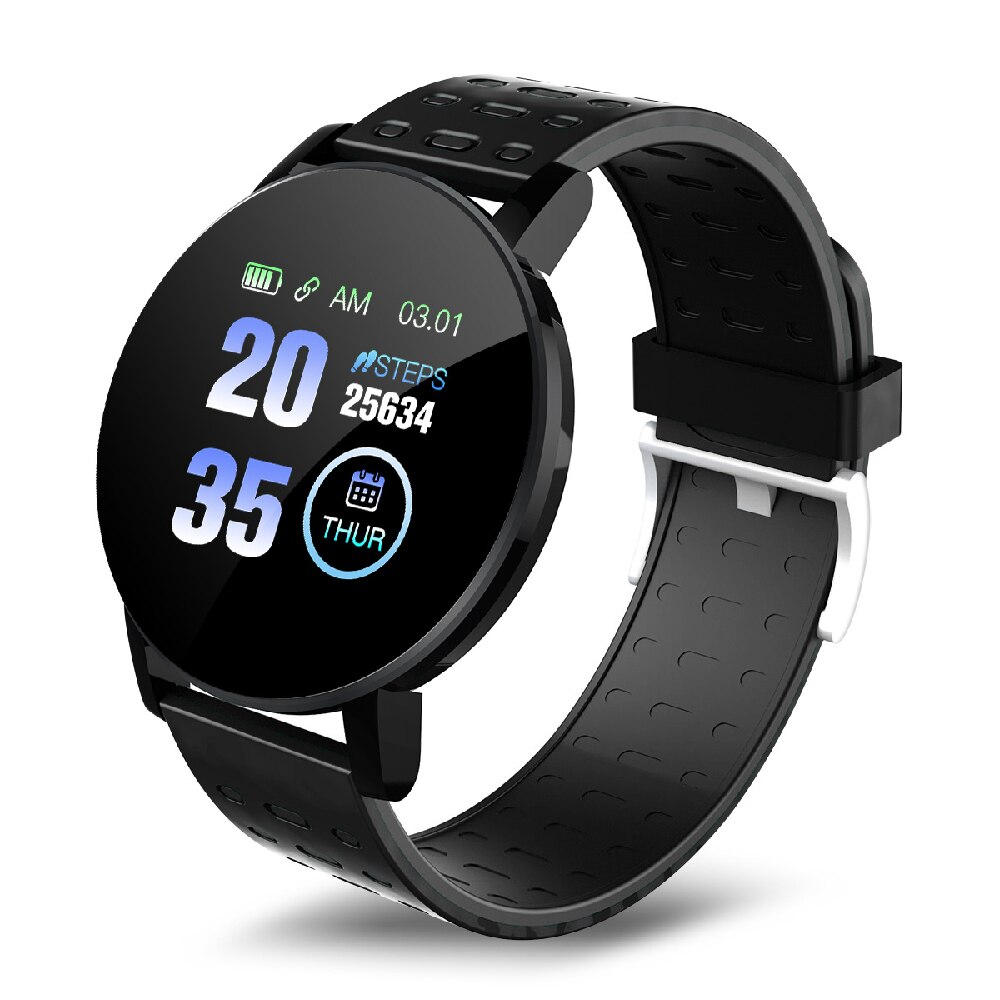 119 Plus Bluetooth montre intelligente hommes pression artérielle étanche Sport rond Smartwatch femmes montre Tracker pour Android IOS: Black