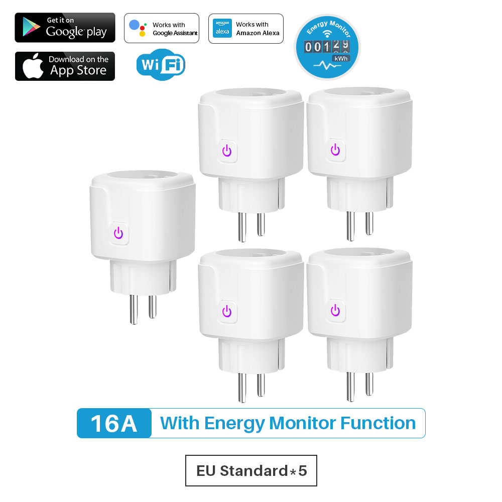 Tuya 16A Smart Plug Wifi Socket Eu Power Monitor Timing Functie Smart Leven App Afstandsbediening Werkt Met Alexa Google assistent: 5PCS