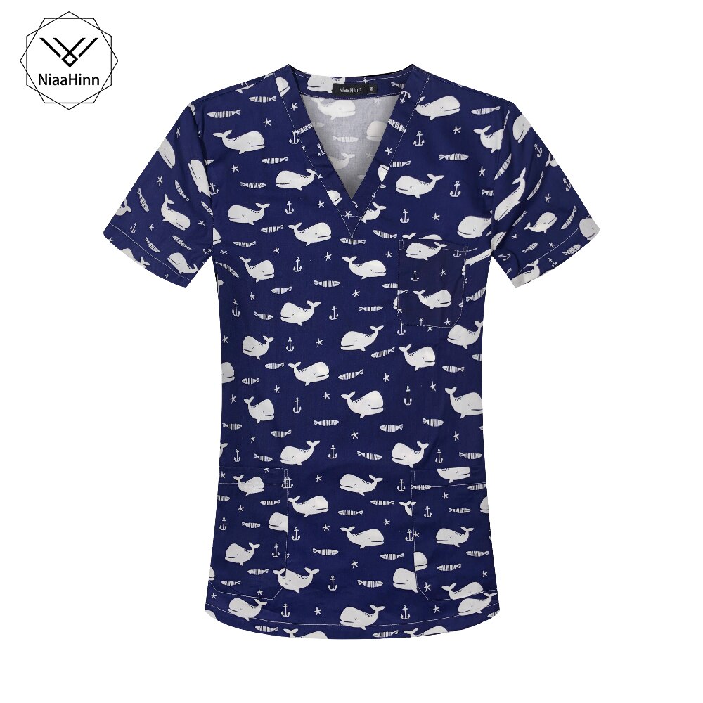 Vrouwen Leuke Cartoon Print Verpleging Scrubs Tops T Shirt Casual Korte Mouw Vrouwen Scrubs Uniformen Verpleegster V-hals Pocket Vrouwen Kleding: 62034 tops / L