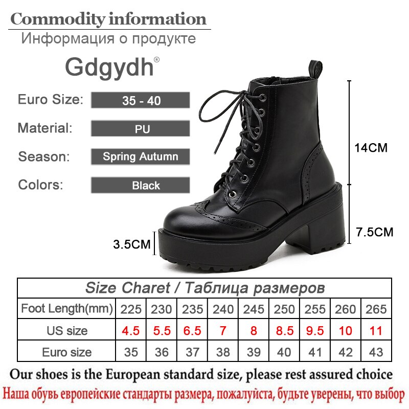 Gdgydh Chunky Heel Ankle Boots For Women Platform Solid Black Ladies Shoes Fashon Sewing Fretwork Female Motorcycle Boots