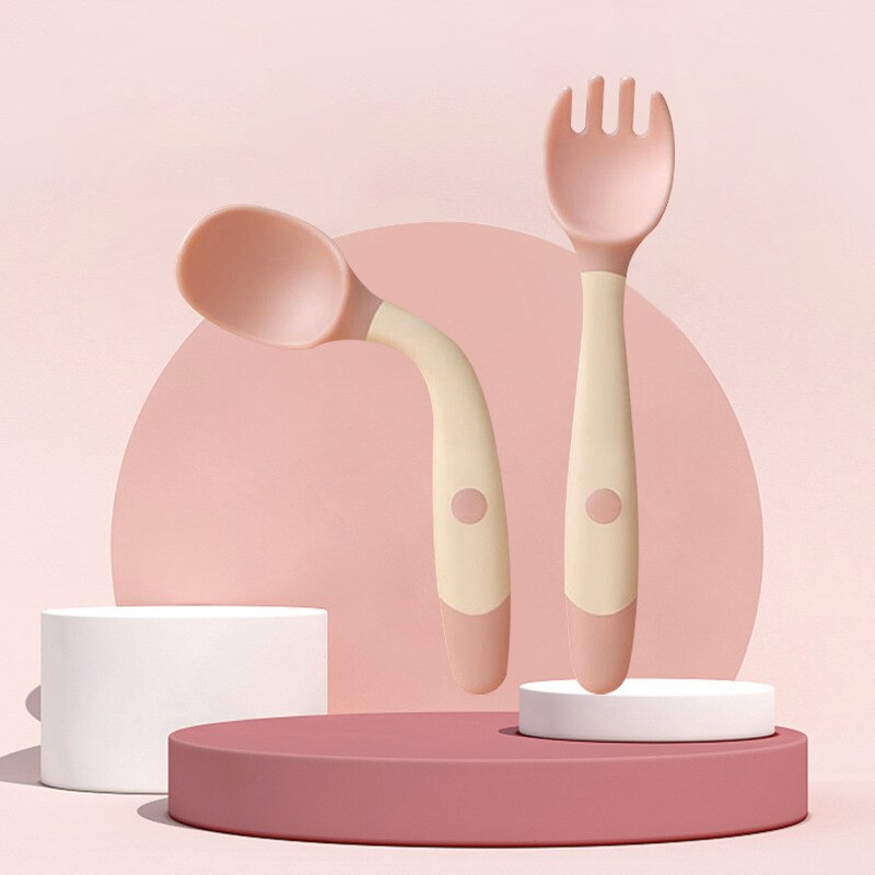 Baby Draagbare Zachte Twist Lepel Vork Voeden Training Set Kind Kid Gerechten Peuter Voeden Accessoires Kinderen Servies Goederen: Roze