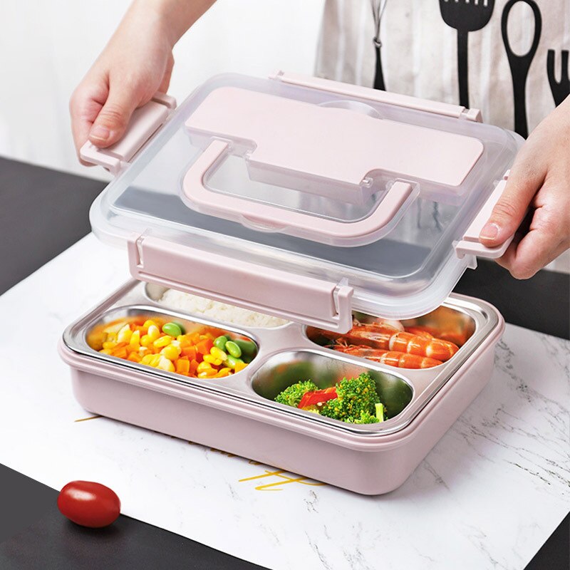 Portable 304 Stainless Steel Lunch Box Compartment Bento Box Kitchen Leakproof Food Container To Send Tableware: pink / 4