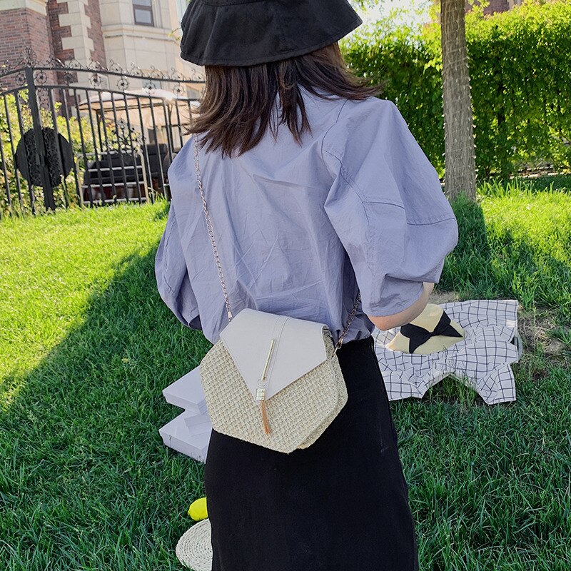 esagono Mulit Stile di Paglia + Borsa di cuoio Delle Donne di proprietà del Sacchetto Del Rattan Fatti A Mano Da Spiaggia Tessuto Cerchio Sacchetto di Spalla della Boemia di Nuovo Modo