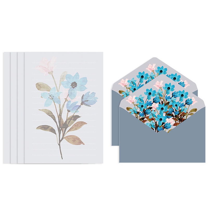 Letter Paper Stationery Kit Flower Envelope Set with 4 Letter Papers Ideal for Wedding Party Invitation Greeting Letters: Blue forget me not