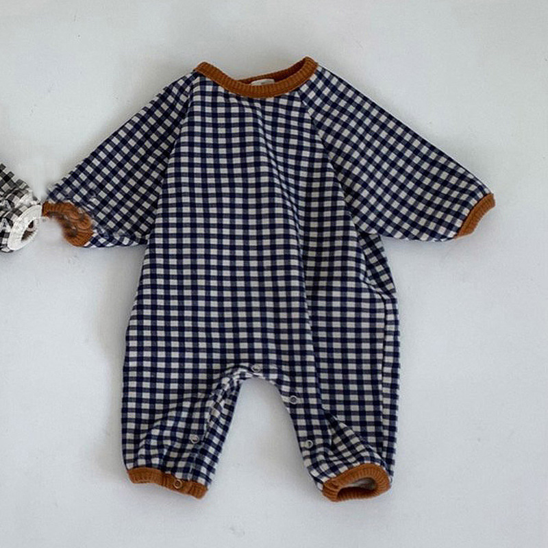 2022 neue Baby Mädchen Plaid Strampler Nette Neugeborene Langarm Gesamt Kleinkind Baumwolle Kleidung freundlicher Jungen lässig Einem Stück: Blau Plaid / 12m