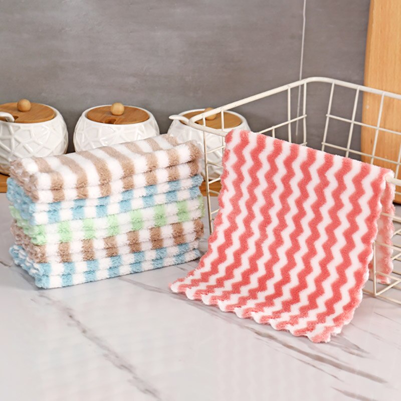 3 stk rengøringshåndklæde multifunktionel opvaskeklud anti-fedt klud bølge / stribe tilfældig farve køkken rag koral fløjl