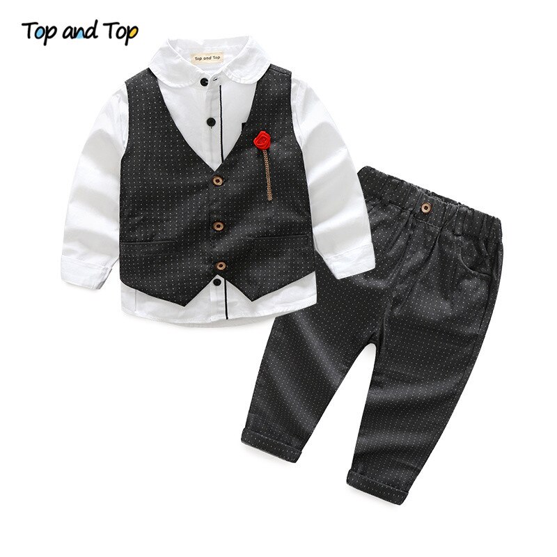 Top and Top Boy Clothes Set Boys Formal Suits Cotton Bow Tie Long Sleeve Shirt+Vest+Trousers 3Pcs Kids Gentleman Outfit: Black / 5