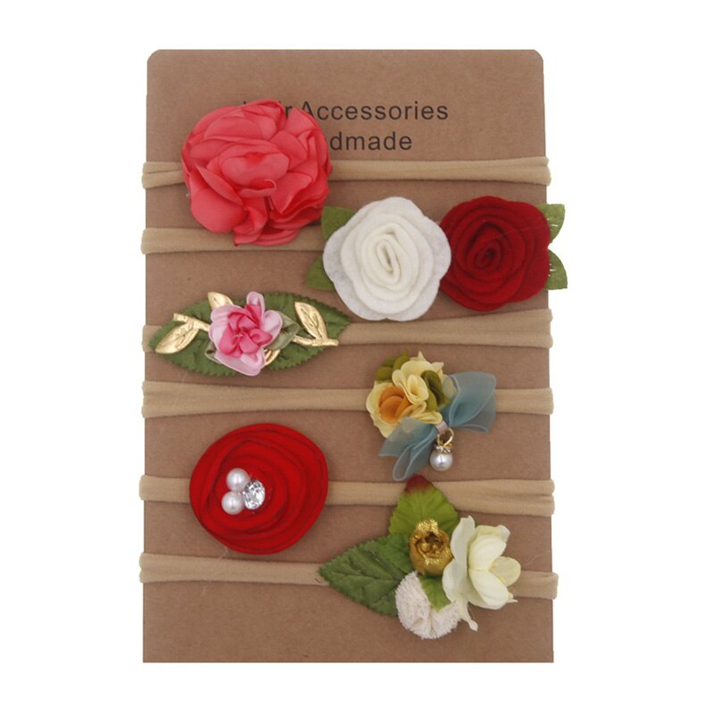 6 stk/sett blomst baby pannebånd nylon elastisk nyfødt barn pannebånd hårbånd for jenter turban perler baby hår tilbehør