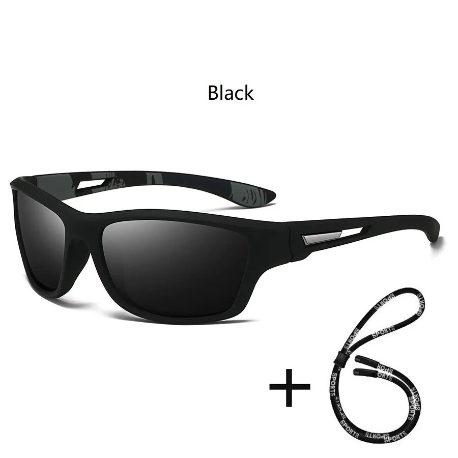 Gafas de sol polarizadas con patrón de camuflaje para hombre y mujer, lentes de sol deportivas con cadena, para ciclismo, escalada, esquí, UV400: Negro
